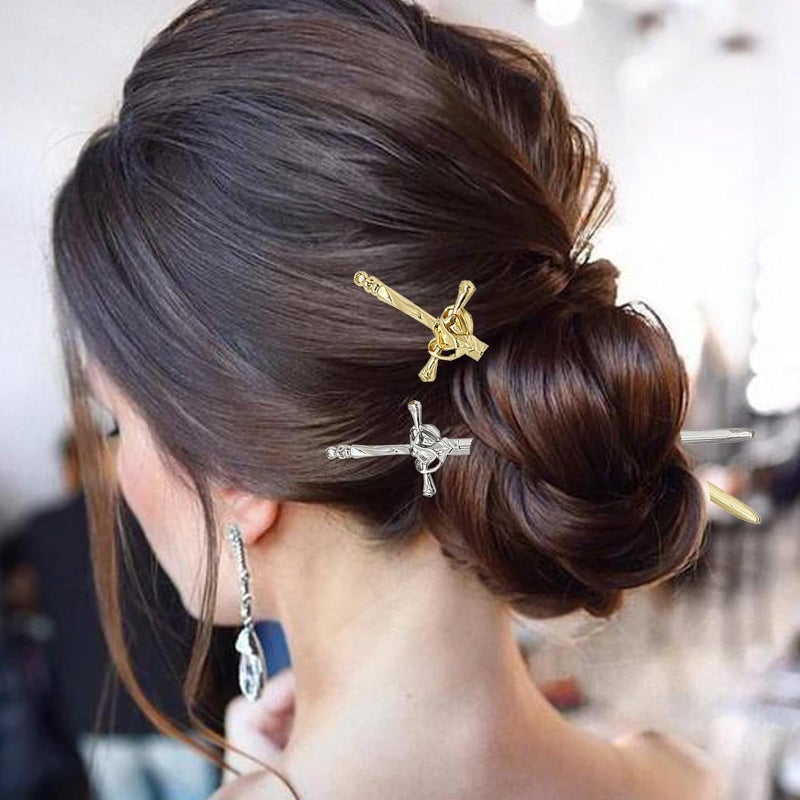 LINYUEARUI 2PCS Hair Sticks for Buns,Hair Chopsticks,Sword Hair Pin,for Vintage Hair,Renaissance Chinese Hair Accessories,Metal Sword Hair Pins,Ancient Style Sword Hair Chopstick LINYUEARUI-Gold&Silver - Image 3